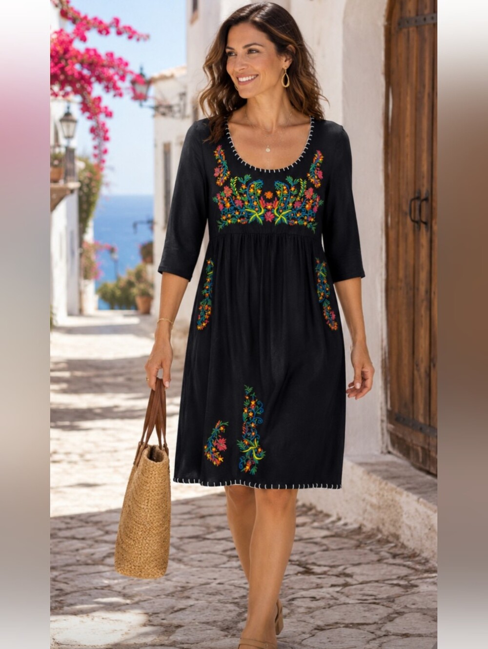 Black Embroidered Midi Dress with 3/4 Sleeves NWT Chelsea & Theodore Boho